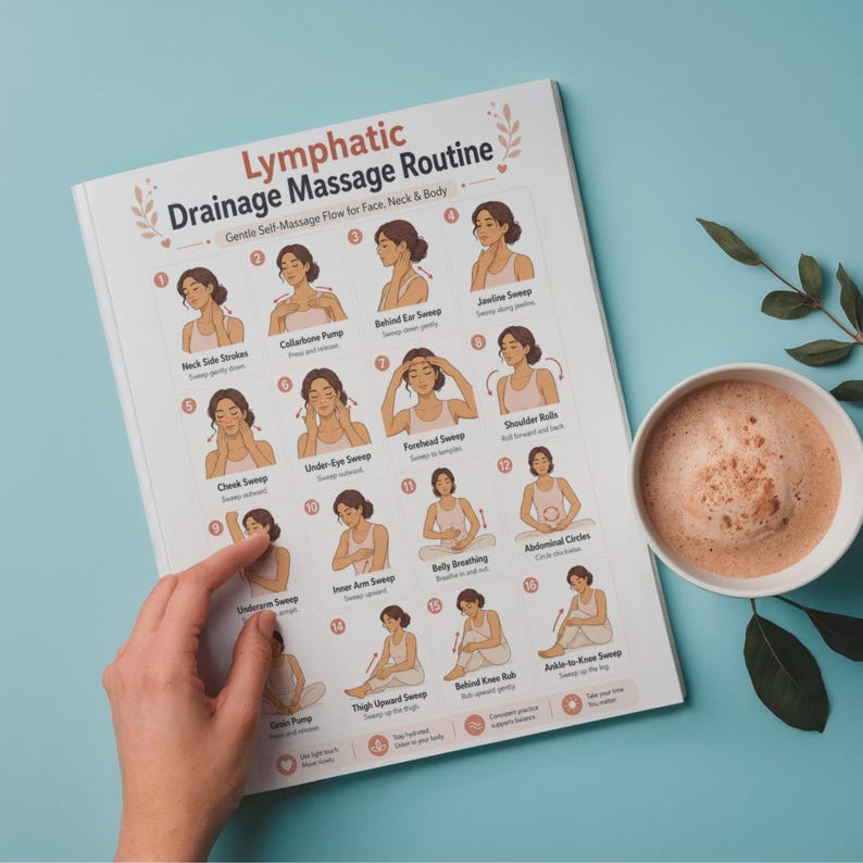 May include: A white book titled "Lymphatic Drainage Massage Routine" with illustrations of massage techniques. A cup of coffee sits next to the book on a light blue surface. The book shows a gentle self-massage flow for the face, neck, and body.