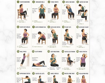 Back Pain Relief Exercises For Seniors, Lower Back Workout For Seniors, Chair Yoga Poster for Older Men, No Equipment Seated Exercise Chart
