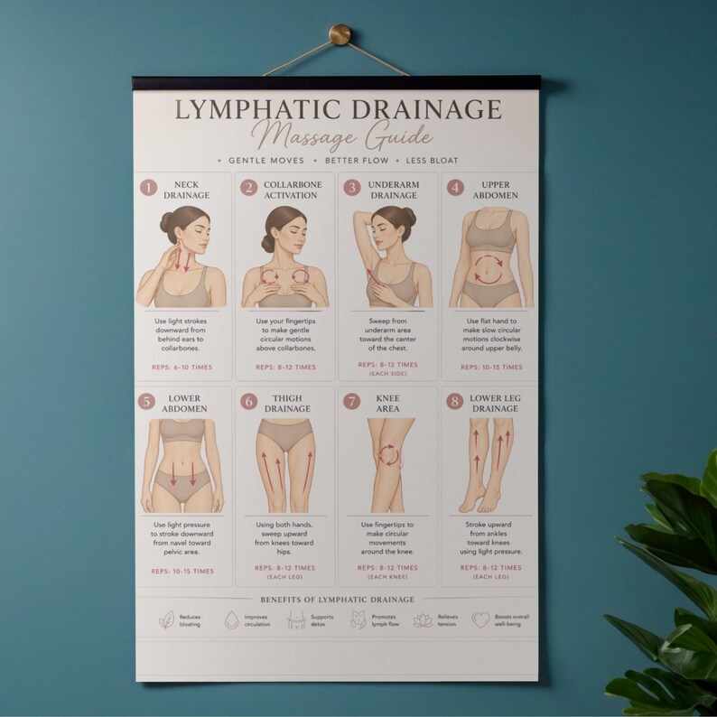 May include: A white poster with black text and illustrations detailing lymphatic drainage massage techniques. The poster includes diagrams for neck, collarbone, underarm, upper abdomen, lower abdomen, thigh, knee, and lower leg areas. The title reads "Lymphatic Drainage Massage Guide."