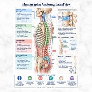 Puede incluir: Un póster educativo titulado Human Spine Anatomy: Lateral View, que presenta una ilustración detallada de la columna vertebral humana. Incluye secciones etiquetadas para las vértebras cervicales, torácicas y lumbares, la anatomía de los discos intervertebrales y consejos de postura.