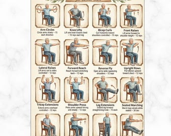 Chair Workout for Senior Men Printable PDF, Seated Strength Training Routine, Full Body Low Impact Exercise Chart Home Fitness Poster