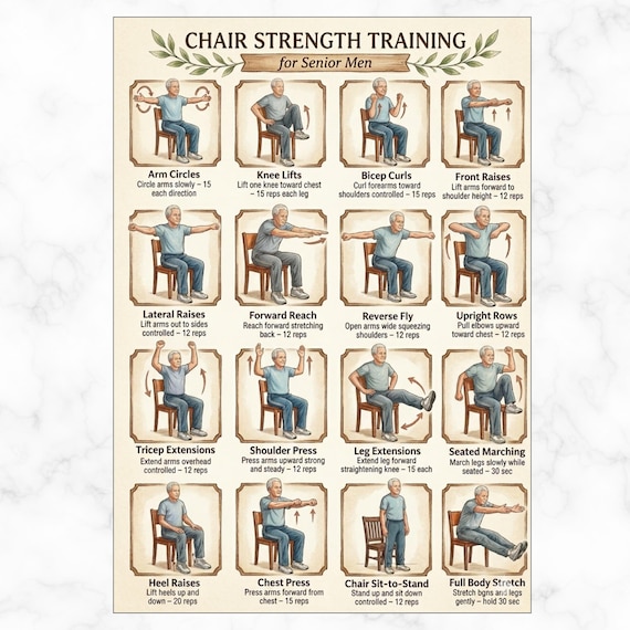 Chair Workout for Senior Men Printable PDF, Seated Strength Training Routine, Full Body Low Impact Exercise Chart Home Fitness Poster