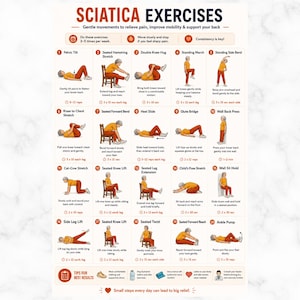 May include: A beige infographic titled "Sciatica Exercises" with illustrations of various stretches. The exercises are designed to relieve pain, improve mobility, and support the back. Instructions include repetitions and hold times for each exercise.