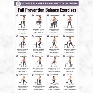 Pode incluir: Um planejador de fitness com instruções para exercícios de equilíbrio para prevenção de quedas. O guia inclui 16 exercícios ilustrados, como elevações de calcanhares, marcha e mini agachamentos, com detalhes sobre repetições e tempos de espera. O título "Fall Prevention Balance Exercises" está no topo.