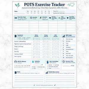 POTS Exercise Tracker Printable, Dysautonomia Workout Log PDF image 1