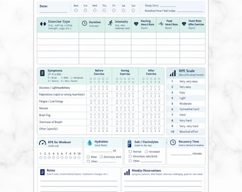 POTS Exercise Tracker Printable, Dysautonomia Workout Log PDF