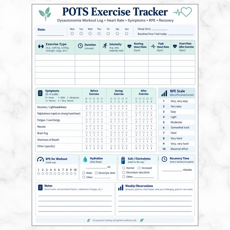 POTS Exercise Tracker Printable, Dysautonomia Workout Log PDF image 1