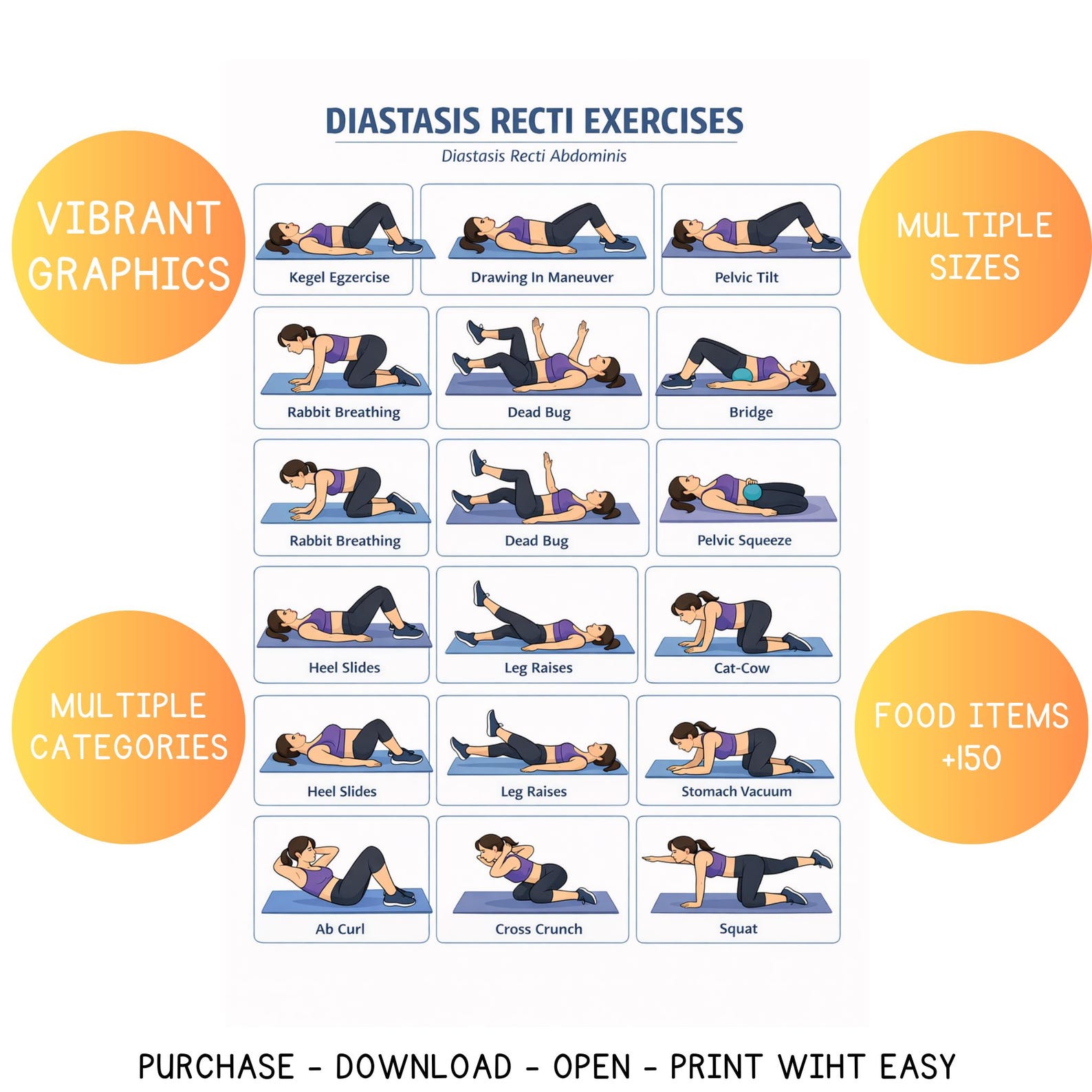 Diastasis Recti Exercise Chart Printable PDF, Core Recovery Workout ...