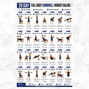 Puede incluir: Un póster de desafío de entrenamiento de cuerpo completo con mancuernas de 28 días que presenta una cuadrícula de 28 ilustraciones de ejercicios numeradas. Cada recuadro muestra a una persona realizando un movimiento con mancuernas e instrucciones.