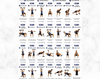 Programma di allenamento completo per tutto il corpo con manubri di 28 giorni – Esercizi con manubri da fare a casa, poster stampabile degli esercizi, routine di fitness a casa, esercizi con manubri per principianti