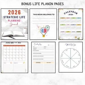 May include: A collection of 2026 strategic life planning journal pages including a cover, a personal identification page with a lightbulb graphic, a full-year calendar, a January monthly view, a coaching log, and a wheel of life diagram.