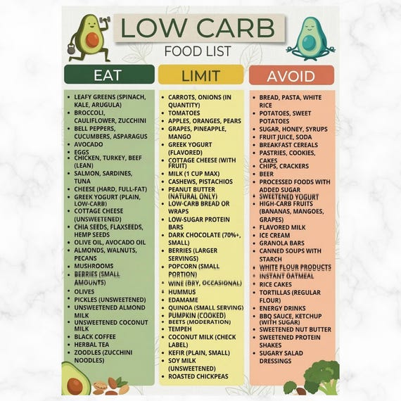 Low Carb Food List PDF, Printable Keto Grocery Chart, Keto & Diabetic-Friendly Foods, Clean Eating Sheet for Meal Prep Pantry Organization