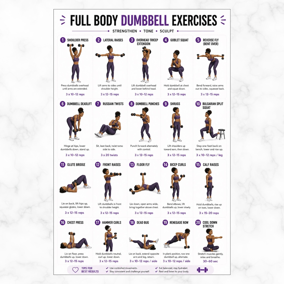 Full Body Dumbbell Workout Chart – Home Dumbbell Exercises, Printable ...