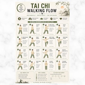 Tai Chi w ruchu dla początkujących seniorów (do druku), tabela kroków do Tai Chi w pozycji stojącej, trening równowagi i stabilności, delikatny, o niskim wpływie (PDF)