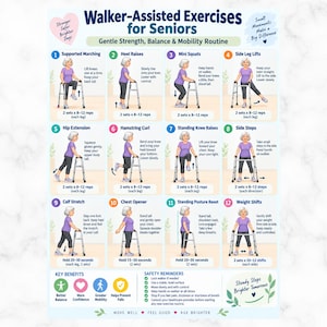 Könnte beinhalten: Ein Lehrplakat mit dem Titel Walker-Assisted Exercises for Seniors, das zwölf nummerierte Illustrationen einer Person in einem violetten Oberteil und grauer Hose zeigt, die einen silbernen Rollator für Kraft- und Mobilitätsübungen verwendet.