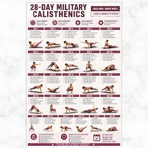 Pode incluir: Um gráfico de treino intitulado "28-Day Military Calisthenics" com exercícios para cada dia. O gráfico inclui imagens de exercícios, como pranchas, flexões e alongamentos, com texto descrevendo cada exercício. O gráfico foi concebido para construir força, aumentar a resistência e melhorar a mobilidade.