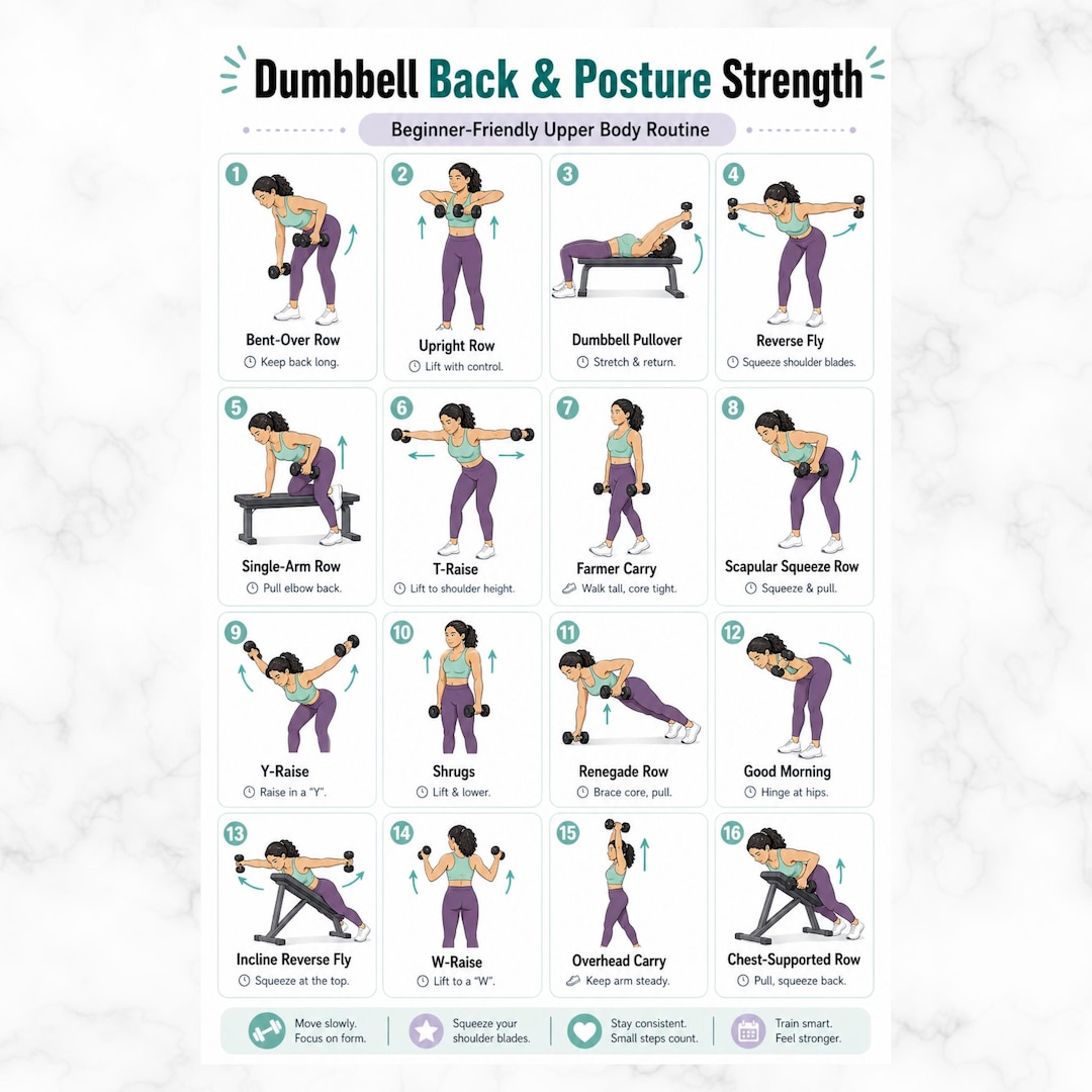 Dumbbell Back & Posture Workout Poster | Beginner Upper Back Dumbbell ...