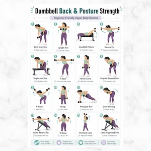 May include: A beginner-friendly dumbbell workout routine poster. The poster features 16 illustrated exercises for back and posture strength, including Bent-Over Row, Upright Row, and Renegade Row. The exercises are demonstrated by a person in purple workout attire.