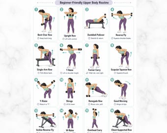 Dumbbell Back & Posture Workout Poster | Beginner Upper Back Dumbbell Exercises Chart | Back Exercises Home Gym Printable Digital Download
