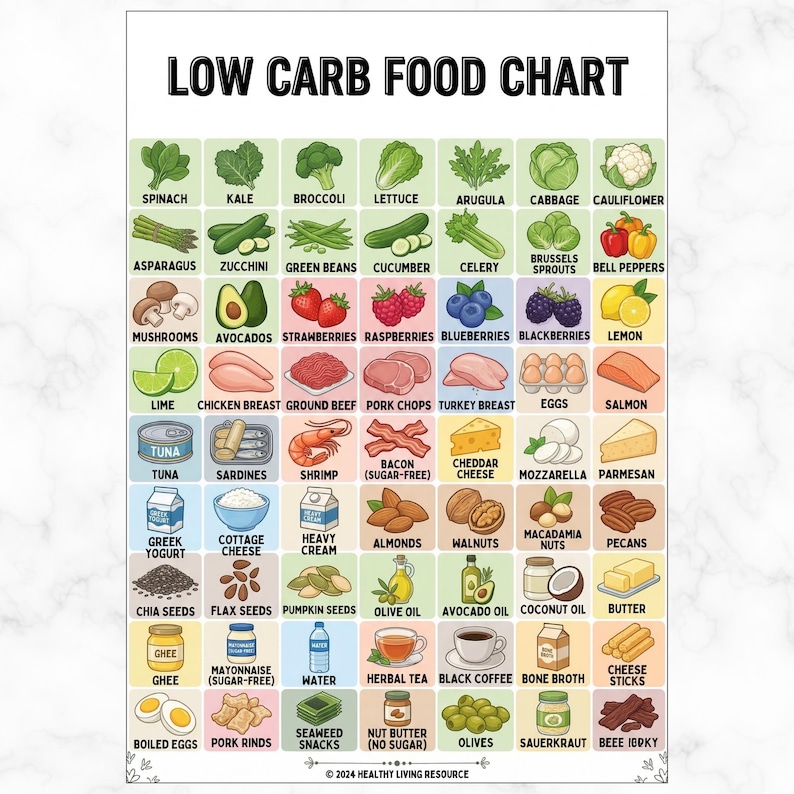 May include: A low-carb food chart featuring a variety of foods, including vegetables, fruits, meats, seafood, dairy, and nuts. The chart is organized with colorful illustrations and labels, such as spinach, salmon, and almonds. The text "LOW CARB FOOD CHART" is at the top.