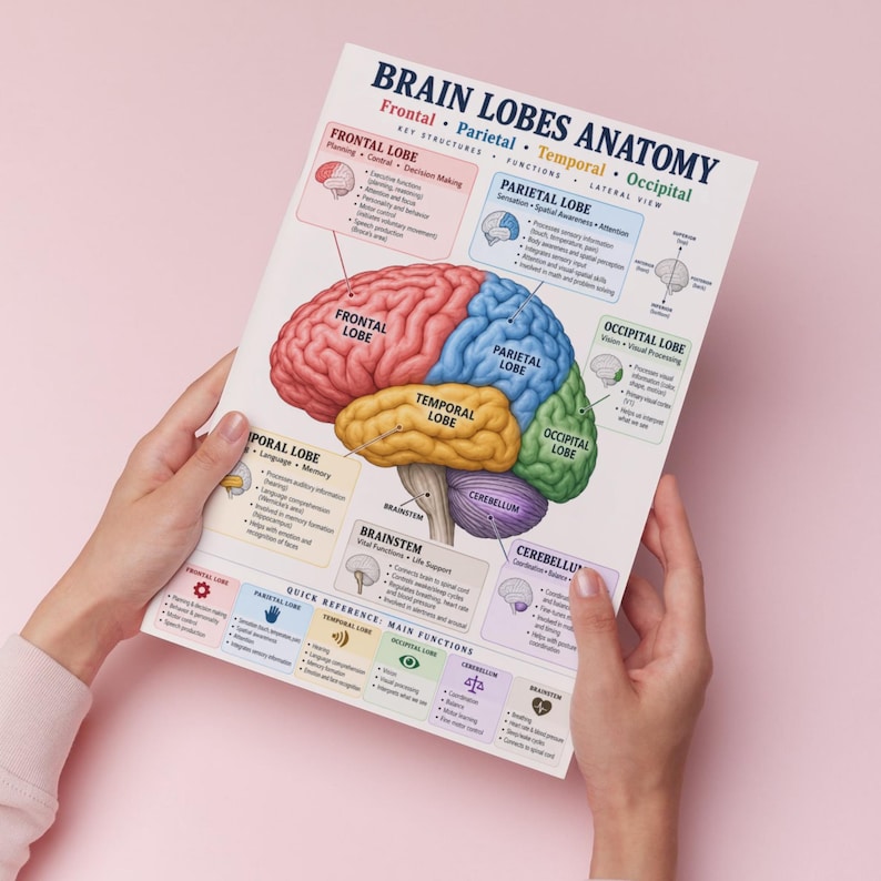Brain Lobes Anatomy Poster Printable, Four-lobe Study Chart PDF - Etsy