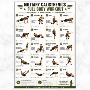 May include: A full-body workout chart with the title "MILITARY CALISTHENICS" and exercise illustrations. The chart includes exercises like push-ups, squats, lunges, and planks, with instructions and rep counts. The chart promotes building strength, improving endurance, and staying mission ready.