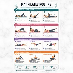 May include: A Pilates routine chart with exercises for core strength, flexibility, and muscle tone. The chart includes illustrations of exercises like the pelvic tilt, the hundred, and the single leg stretch. Text includes "MAT PILATES ROUTINE".