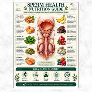 May include: An educational poster titled Sperm Health Nutrition Guide featuring an anatomical illustration of the male reproductive system surrounded by food icons like walnuts, eggs, spinach, salmon, bananas, chocolate, pomegranate, oysters, and berries.