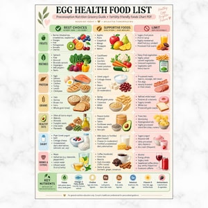 May include: A nutrition chart titled EGG HEALTH FOOD LIST, Preconception Nutrition Grocery Guide, and Fertility Friendly Foods Chart PDF. It categorizes foods into Best Choices, Supportive Foods, and Limit columns with icons and text lists.