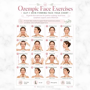 May include: A white informational chart titled Ozempic Face Exercises GLP-1 Skin Firming Face Yoga Chart. It features sixteen numbered panels with illustrations of facial exercises, each with specific instructions and repetition counts for daily use.