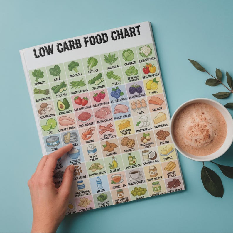 May include: A low-carb food chart with various food illustrations, including vegetables, fruits, meats, and dairy products. The chart is titled "LOW CARB FOOD CHART" and is on a white background. A cup of coffee is next to the chart.