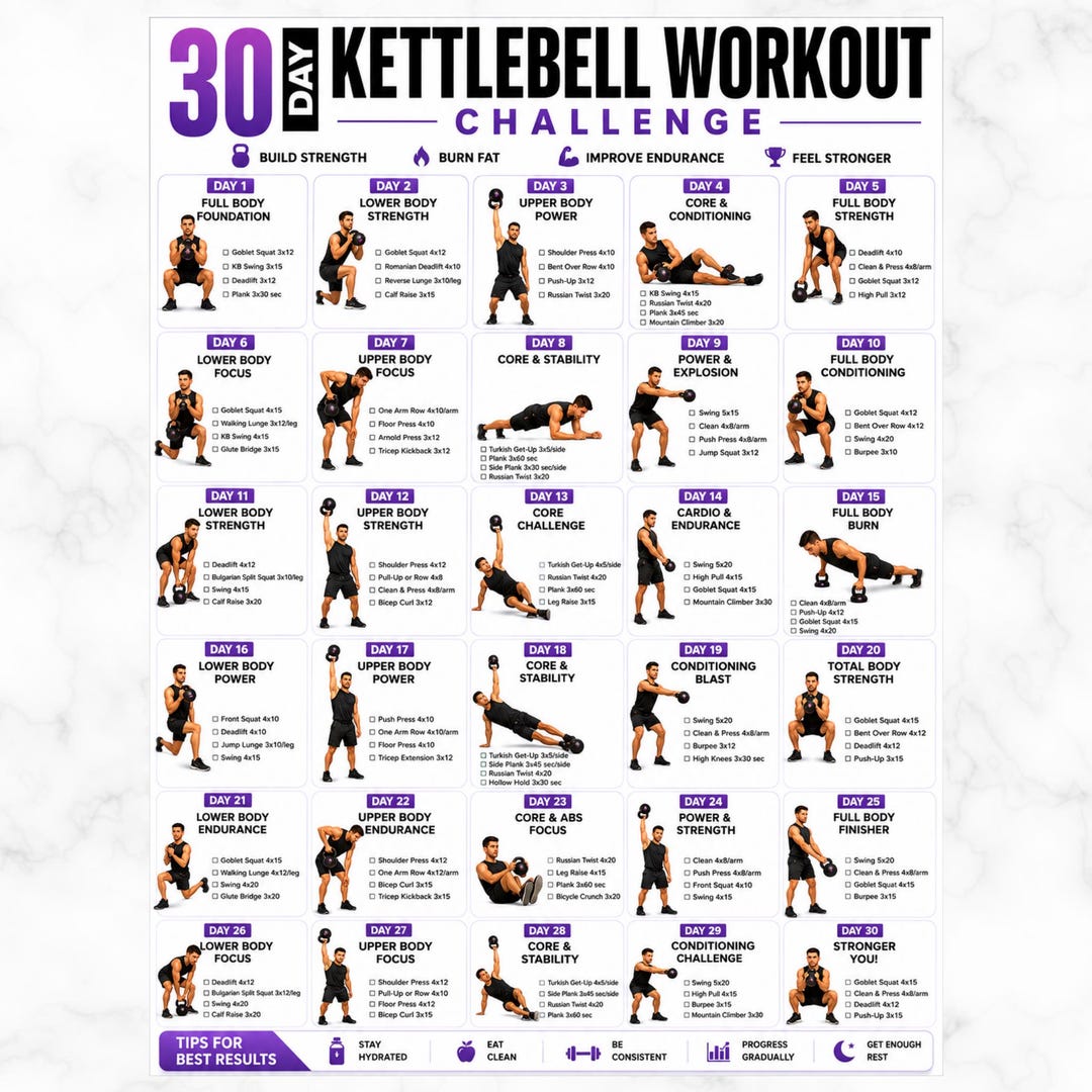 30 Day Kettlebell Workout Challenge, Full Body Exercise Routine Legs