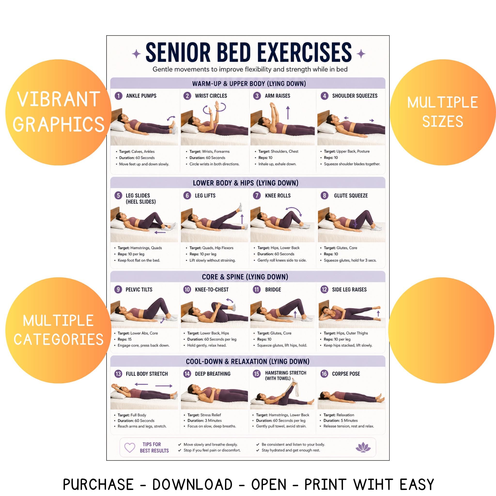 Printable Bed Exercises for Seniors, Elderly Exercises, Senior Workout ...