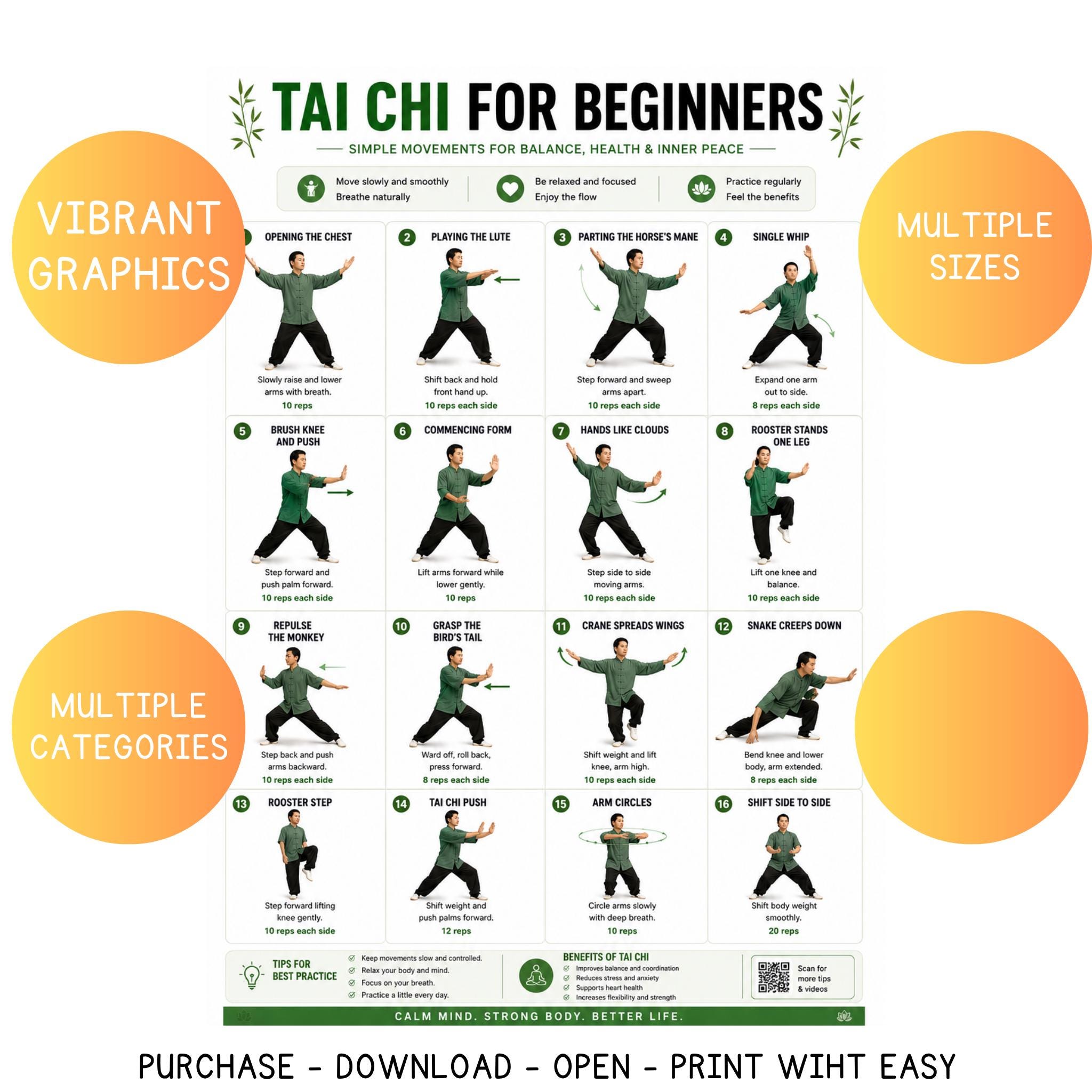 Tai Chi for Beginners Printable Chart, Step by Step Tai Chi Forms, Tai ...