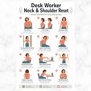 Puede incluir: Un póster titulado "Reinicio de cuello y hombros para trabajadores de escritorio" con ilustraciones de 12 estiramientos suaves. Cada ejercicio se demuestra con una mujer con una camiseta naranja, con instrucciones. Diseñado para días largos sentado.