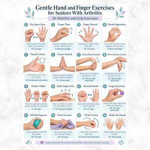 May include: An instructional chart titled Gentle Hand and Finger Exercises for Seniors With Arthritis, featuring 16 numbered panels with illustrations of hands performing mobility and grip exercises, including text instructions for each movement.
