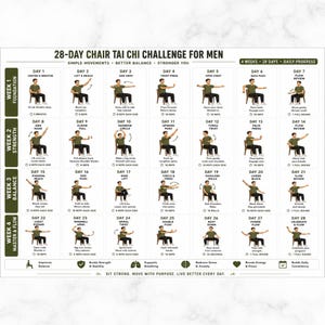 May include: A 28-day chair Tai Chi challenge chart featuring a grid of daily exercise illustrations. Each box displays a person in a chair performing specific movements with text labels and repetition counts, organized by four weekly themes.