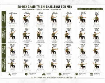 28 Day Chair Tai Chi Challenge for Men Printable, 4 Week Seated Tai Chi Program, Chair Workout for Senior Men, Balance Strength and Mobility