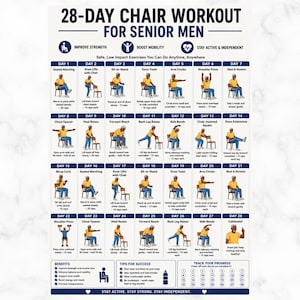 May include: A 28-day chair workout chart for seniors featuring daily exercise illustrations with instructions. The poster includes sections for benefits, tips for success, and a progress tracker with numbered circles to check off each day.