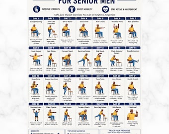 28 Day Chair Exercises for Senior Men Printable PDF, Seated Workout Poster A4 US Letter, 16 Chair Exercises Chart, Elderly Home Fitness