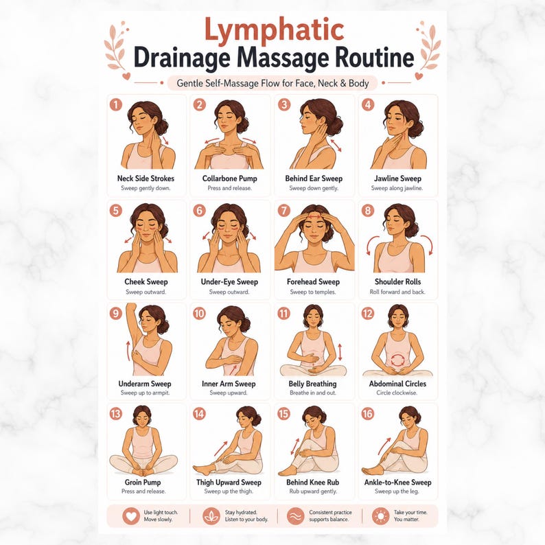May include: A detailed infographic illustrating a lymphatic drainage massage routine for the face, neck, and body. The guide features 16 steps with illustrations and instructions, including neck strokes, collarbone pumps, and jawline sweeps. The color scheme is soft, with a focus on wellness and self-care.