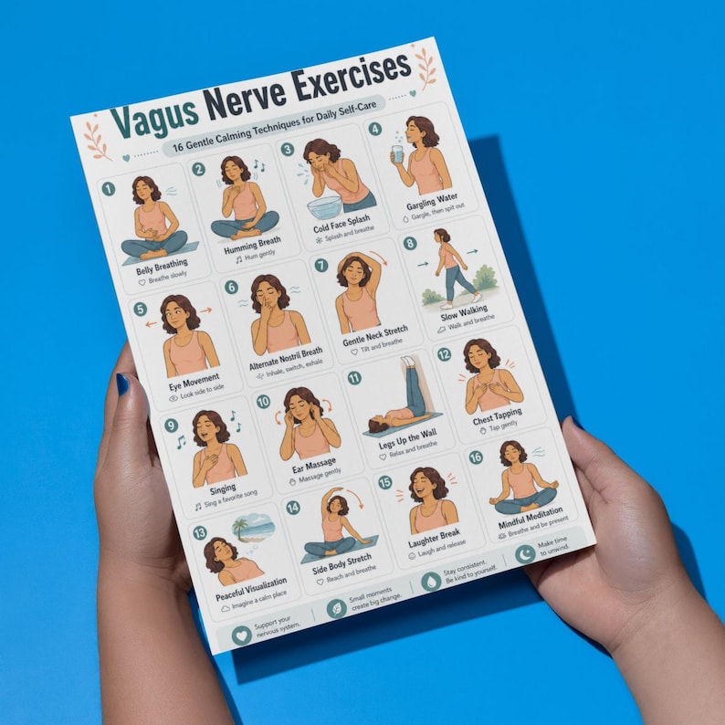 May include: A white poster titled "Vagus Nerve Exercises" with 16 gentle calming techniques for daily self-care. The poster features illustrations of exercises like belly breathing, humming breath, and mindful meditation. Held by hands against a blue background.
