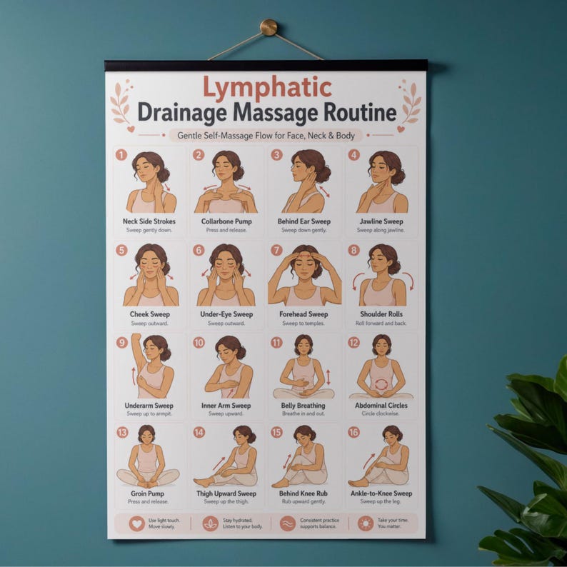 May include: A poster with a black top and bottom bar displays a lymphatic drainage massage routine. The poster includes illustrations and text describing self-massage techniques for the face, neck, and body. The poster is hanging on a wall.