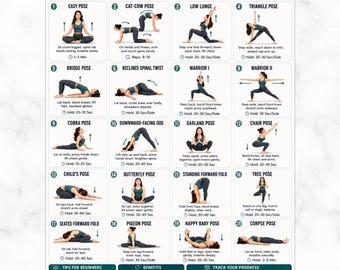 Posturas de ioga para iniciantes (para imprimir), rotina diária de ioga (asanas), flexibilidade diária, exercícios de alongamento e alívio do estresse, posições básicas de ioga.