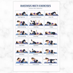 Może przedstawiać: Biały plakat z tytułem "DIASTASIS RECTI EXERCISES" i podtytułem "Diastasis Recti Abdominis". Zawiera 15 ilustrowanych ćwiczeń, w tym Kegel Egzercise, Drawing In Maneuver i Pelvic Tilt. Każde ćwiczenie jest demonstrowane przez osobę w stroju sportowym.