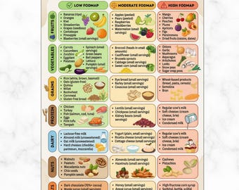 Tabella degli alimenti a basso contenuto di FODMAP per la sindrome dell'intestino irritabile, lista della spesa senza glutine in PDF, inserto stampabile per la dieta FODMAP, foglio per la preparazione dei pasti adatti alla sindrome dell'intestino irritabile, download digitale