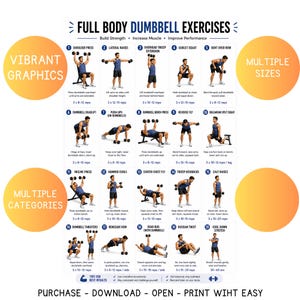 May include: A full-body dumbbell exercises chart with vibrant graphics. The chart includes exercises like shoulder press, lateral raises, and goblet squats. It also features multiple categories and sizes, with instructions for each exercise. The text at the bottom says "Purchase - Download - Open - Print With Easy".