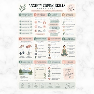 May include: An Anxiety Coping Skills cheat sheet poster featuring twelve numbered sections with illustrations and text. The document includes techniques like the 5-4-3-2-1 grounding method, deep breathing, positive self-talk, and mindfulness exercises.