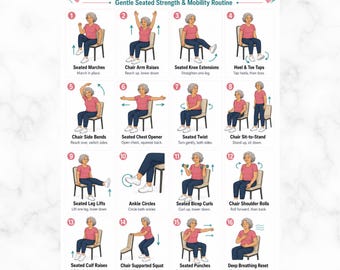 Chair Exercises for Senior Women Printable PDF, Seated Workout Poster, Senior Fitness Chart, Gentle Chair Exercise Routine A4 US Letter