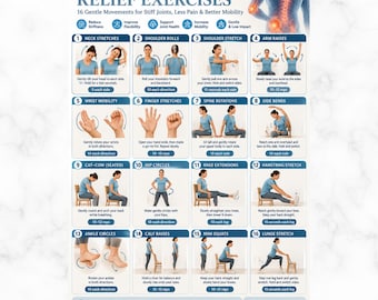 Rheumatism Exercises Printable, 16 Gentle Joint Mobility Movements PDF,  Poster A4 US Letter, 16 Chair Exercises Chart, Elderly Home Fitness